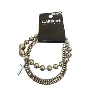 Carbon Elements Mens Silver Tone Cross &‎ Beads Accent Bracelet Set New